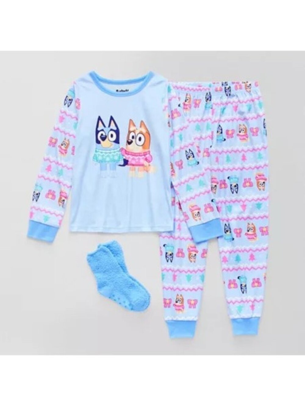 Bluey Kids 3 Piece Pajama And Sock Set Size 4 Blue Pink Flame Resistant Sleepwea